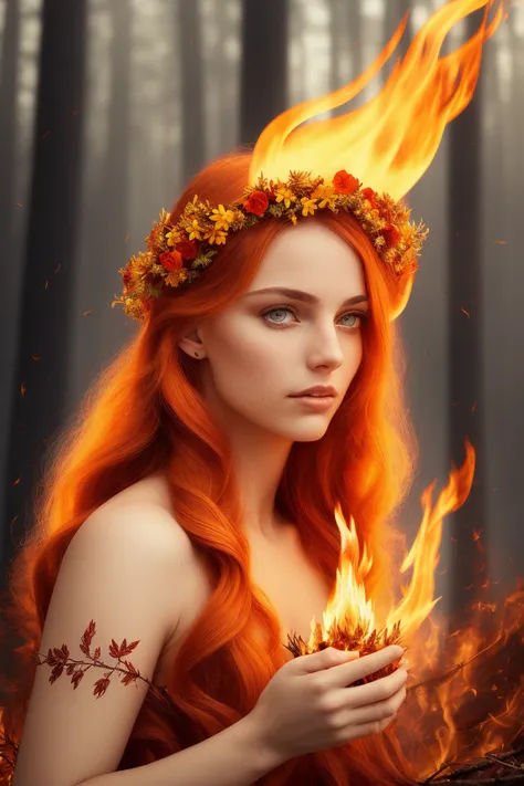 (masterpiece), best quality, (hair is turning into fire), hair is on fire, (beautiful laurel wreath on head of red & yellow flowers and leaves), Fantasy, (light rayer:1.05), ember particles, scenery, fire, Beautiful and detailed explosion, beautiful detailed glow, Flames burning around, Flames burning around, Fire feathers, burning, (burning forest:1.34), (bare trees:1.05), ashes, (red sun:1.05), (flame swirling around the character:1.5), solo, (serene expression), (detailed:1.05), high resolution illustration, lustrous skin, colorful, (ultra-detailed:1.1), (illustration:1.05), (detailed light:1.05), (an extremely delicate and beautiful:1.1), beautiful detailed girl, depth of field, white_long_hair, orange_eyes, dark eyelashes, eyeliner, soft glowing eyes, (ethereal), (heavenly), (magical), (elemental), (good anatomy), (looking to the side),
