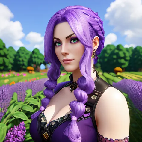 3d render:1.8, Realistic three-dimensional model:0.9, Detailed computer-generated image:1.3, High-quality virtual scene:1.4, Abigail from Stardew Valley game:1.8, Violet-haired video game character:0.9, Adventurous farmer girl:1.2, Enchanting pixel art persona:1.4, purple hair:1.8, green eyes:1.0, Lilac-colored locks:1.0, Lavender tresses:0.7, Mauve-colored strands:1.2, by Masaaki Sasamoto