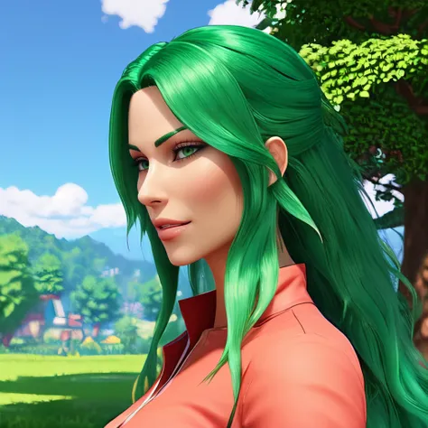 3d render:1.6, Digital model:1.0, Lifelike visualization:0.9, Computer-generated imagery:1.1, Caroline from Stardew Valley game:1.8, Friendly villager:1.0, Warm-hearted mother:0.9, Kind-hearted homemaker:1.2, green hair:1.6, Vibrant emerald locks:1.2, Verdant tresses:0.9, Bright leafy mane:1.0 by Inio Asano