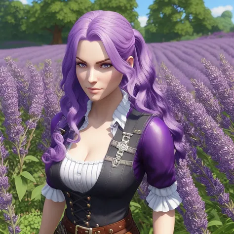 3d render:1.8, Realistic three-dimensional model:0.9, Detailed computer-generated image:1.3, High-quality virtual scene:1.4, Abigail from Stardew Valley game:1.8, Violet-haired video game character:0.9, Adventurous farmer girl:1.2, Enchanting pixel art persona:1.4, purple hair:1.8, Lilac-colored locks:1.0, Lavender tresses:0.7, Mauve-colored strands:1.2, by Rumiko Takahashi