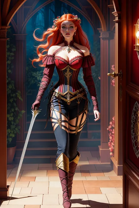 medieval RPG character painting, long wind blown flowing ginger hair, red & black swashbuckler rogue corset, metal pauldrons, saber on belt, black leather strappy pants, (straps buckles:1.2) armor, red lips, green eyes, elegant pendant, standing inside ancient hallway, dynamic pose, (masterpiece:1.4) (best quality:1.4) (8k) (HDR) (wallpaper) (cinematic lighting) (sharp focus) (intricate) (painterly) Style-Sylvamagic