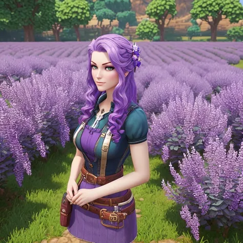 3d render:1.8, Realistic three-dimensional model:0.9, Detailed computer-generated image:1.3, High-quality virtual scene:1.4, Abigail from Stardew Valley game:1.8, Violet-haired video game character:0.9, Adventurous farmer girl:1.2, Enchanting pixel art persona:1.4, purple hair:1.8, green eyes:1.0, Lilac-colored locks:1.0, Lavender tresses:0.7, Mauve-colored strands:1.2, by Hayao Miyazaki