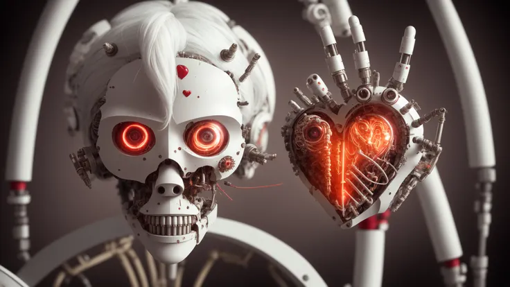 (dissection:1.3) of a (damaged:1.2) (machine:1.1) with white hair and beautiful detailed red eyes, she has a (mechanical (heart:1.1):1.1) and a (dirty face:1.2), with exposed wires and tubes, internal mechanical parts exposed from injury and short circuit, suffering heavy damage, being disassembled, natural light, light tracing, intricate circuitry, illustration, 8k wallpaper, super detailed, full body portrait,, masterpiece, best quality, intricate detail, absurdres, chromatic aberration, depth of field, professional photography, soft lighting, tone mapped, highly detailed, sharp focus, dramatic lighting, intricate details, cinematic, 8K, incredible shadows, realistic, (highly detailed background:1.0)