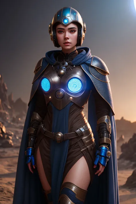 Young Woman (highly detailed:1.1),blue Robe ,helmet glowing brown, sci-fi style,