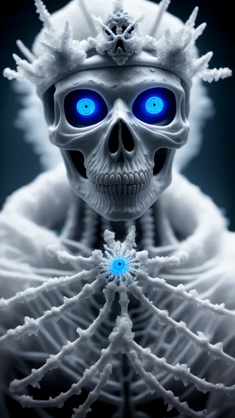 a skeletonized man with bits of flesh hanging off his bones, his skull is covered in icicles and frost, intricate carving, wearing a face mask, glowing eye sockets, wearing a frozen blue crown, masterpiece, best quality, intricate detail, absurdres, chromatic aberration, depth of field, professional photography, soft lighting, tone mapped, highly detailed, sharp focus, dramatic lighting, intricate details, cinematic, 8K, incredible shadows, realistic, (highly detailed background:1.0)