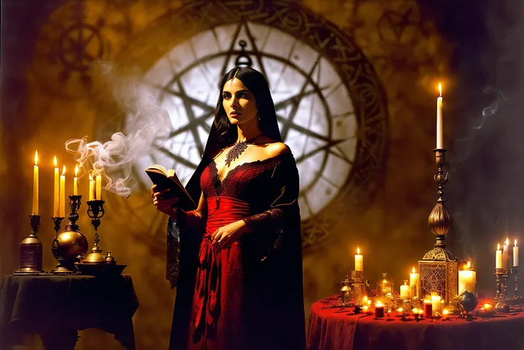 Masterpiece, best quality, "Mysterious summoning ritual", Artstation, ((Art by Frank Frazetta, by Simon Bisley, by Luis Royo, by H.R. Giger, by Ashley Wood, by Bill Sienkiewicz, by Ryan Meinerding, by Ian McQue, by Syd Mead, by Frank Frazetta)). ((Medium Close Shot)), ((full torso)), ((1woman)), ((Gorgeous dark haired witch beautiful woman oiled body)), ((long dark robe with runes around the cuffs)), ((lace dress and veil)), ((standing outside of summoning circle a pagan sigil pentacle drawn in blood)), ((melted red candles lit around the circle)), ((standing in front of a stone altar with open book)), ((magical sigil in red)), ((sage sticks & lit incense burning)), ((brass bell), ((small curved knife)), ((Otherworldly apothecary alchemists magic lab dungeon middle eastern style library at night lit by candles)), ((dark ominous shadows)), ((Particle lights of different color and smoke fills the center of summoning circle)), ((light shafts)), ((Volumetric lighting)), ((Subtle lighting)), ((Good Highlights)), (Perfect Proportions), (good anatomy), (Painting in Oil), (Illustration), (stylistic), (dynamic), (intricate), (complimentary colors), (Professional), (Award winning), ((dark room)), (deep shadow), (Soft bokeh), (sepia B&W), 8k, HDR,