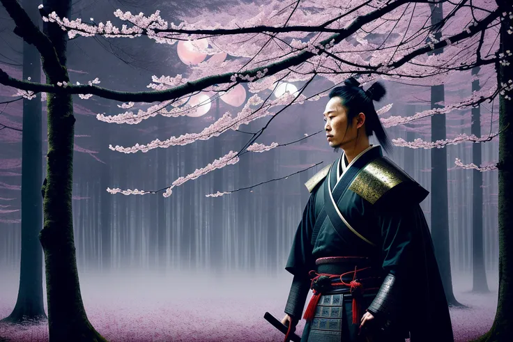 (close up shot:0.9), Japanese samurai warrior, forest glade at night background, sakura trees, (dusk), moonlight, bokeh, (art by jeremy mann and edvard munch), (beautiful composition), (complimentary colors), masterpiece, award winning