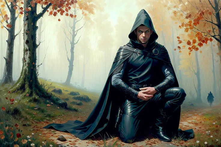 (((full torso shot))), ((solo)), (masterpiece), best quality, perfect face, realistic, ((oil painting fantasy illustration)), male elven rogue, white braided hair, scoundrel, pointed ears, in all black layered detailed leathers, black cloak and hood, (hood back), ((taking a knee checking for tracks)), (in a dense forest setting), (looking off in the distance), (looking alert), (dynamic pose), (good perspective), (good composition), (dramatic), ((windy)), (highly detailed), (intricate), HDR, 8k, ((painterly)), (art by jeremy mann and edvard munch),
