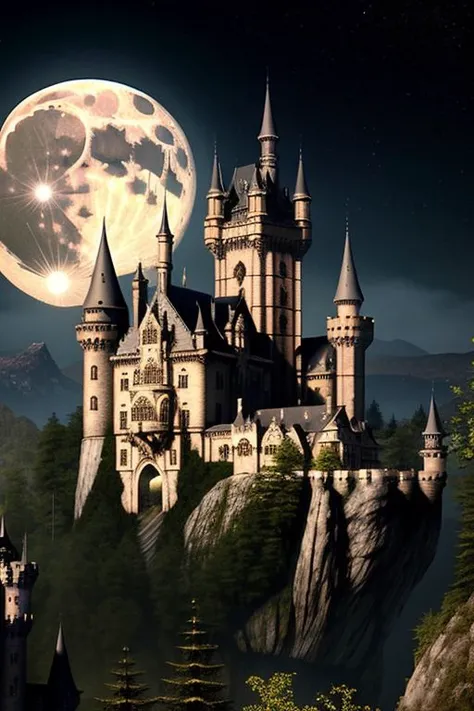 extremely detailed (unity render), of gothic castle in middle of forest, enormous mountains, night, full moon, (intricate details), (by luis royo, by frank frazetta)), (Professional), (Award winning), (deep shadow), (Soft bokeh), 8k, HDR,