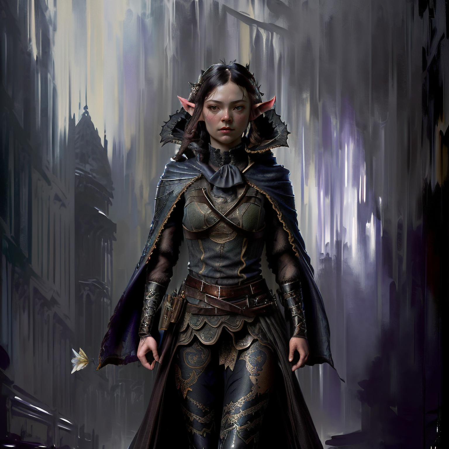A woman in a dark outfit walking down a street - SeaArt AI