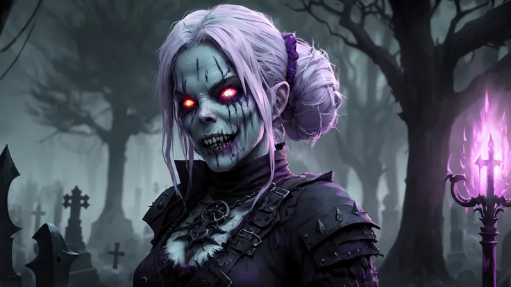 solo, spooky, decayed zombie woman, (glowing:0.7) hazel eyes, vivid colors, white pale skin, Messy and unwashed light purple hair, sores on the body, halfskull face, in action, (evil:1.4), (crazy look), (laugh), extends a hand to the viewer, green arteries, dressed in a magical underbust with shining runes, magical effects, ultra detailed fantasy cemetery environment, (realistic by ed blinkey, atey ghailan, by jeremy mann, greg manchess:1.2)