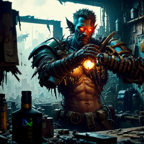 Wide angle Environmental shot in a cluttered and messy shack , action shot, tattered torn shirt, porcelain cracked skin, league of legends, vibrant, photo realistic, realistic, dramatic, dark, sharp focus, 8k."orc repairing cyborg arm as a realistic scifi cyberpunk knight, medium shot, intricate,unreal engine, cozy indoor lighting, artstation, detailed, arms crossed