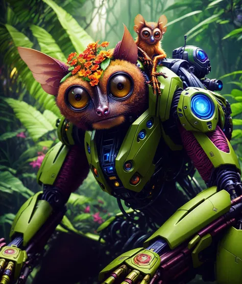 a tarsier  wearing a mech suit sitting on a jungle vine, poison flowers vines colorful ,  furry , detailed,  cinematic lighting, vibrant nature,  volumetric light, trending on artstation, octane rendering.", trending on artstation, sharp focus, studio photo, intricate details, highly detailed,  ((fantasy)), intricate, unreal engine,