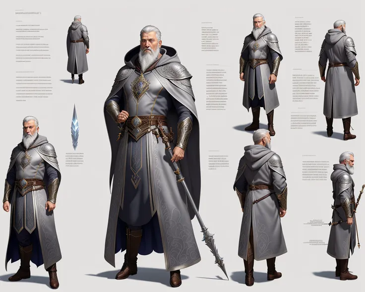 Character design sheet page scan, concept_art, by Greg Rutkowski and Andrey Shishkin, Old man, ice mage, grey beard, grizzled, weathered, realistic, painterly, grey cloak and hood with silver embroidery, ice staff, book, ((dynamic pose)), ((good anatomy)), ((cinematic)), ((subtle lighting)), ((perfect shading)), ((perfect inking)), ((award winning)), (gorgeous), ((perfect proportions)), ((intricate details)),