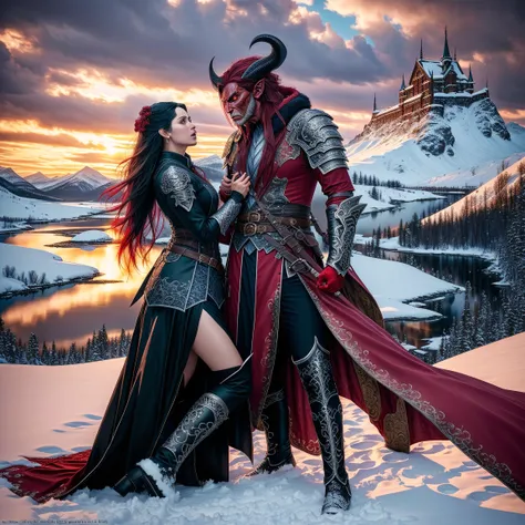 Vivid ruan-jia [handpainted:photograph:0.5] (Art by Ruan Jia and, (Norman Rockwell:0.5) and (John Singer Sargent:0.5)) (A detailed image of a dramatic fight between a male and female), (1man:1.0) tall fit handsome dark long haired, sinister, old, evil, (demonic god), (red skinned demon:1.5), ((with horns)), in extremely ornate unique armor, in black and silver, ((standing over)) [(1woman:2.0)] (on one knee:1.0) (beautiful strong seductive looking female elf warrior in flowing cloak and dress), (beautiful Winter sunset and gorgeously detailed clouds overlooking snow capped mountains:1.0), fully clothed, ornate leather armor, evil, snarl, menacing, D&D, fantasy, action, (dramatic), (cinematic lighting), (good anatomy), (beautiful composition), (good proportions), intricately detailed, snowy, wet, Hyper-Realistic, Ultra Resolution, desolate, gothic, witchcore, atmospheric, beautiful hands, HQ, 8K, Fable III, shot on Canon 5D, masterpiece, (low angle close up shot:0.7) [oil painting:hyperrealism:0.9],