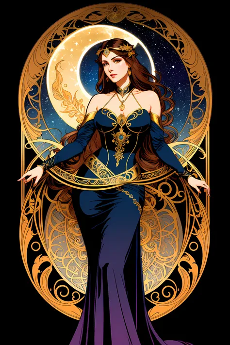 Elaborate border, Beautiful woman in flowing dress laying reclined sensually on a large crescent moon with a background of stars, night sky background, blues and gold, good anatomy, dynamic pose, good proportions, modern style, vector, highly detailed, intricate, masterpiece, realistic, professional, Dark Fantasy, d&d Elder Scrolls Diablo III, (centered), (well framed), vector-art, gradient color, detailed, realistic, professional art masterpiece, (Art Nouveau), Illustration by Alphonse Mucha, (vector-art:1.1)
Negative prompt