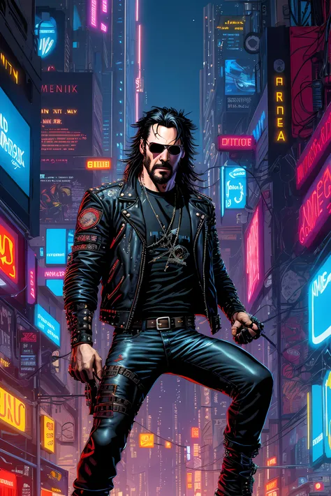((lineart)), (Keanu Reeves as Johnny Silverhand, ((long hair)), red aviator sunglasses, punk rock metal influence, black leather pants, biker boots, (jean jacket with cut off sleeves), patches, (left arm is chomed cybernetic), (empty hands), (cyberpunk city background), dramatic lighting, dynamic pose, paint colors, (detail:0.6), (style-rustmagic:0.5), masterpiece, (illustration), jim lee, <lora:jimLeeDCComicsMarvel_offset:0.6>