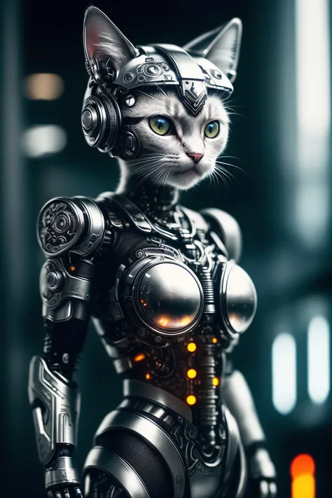 a cute kitten made out of metal, cyborg, cyberpunk style, ((intricate details)), hdr, ((intricate details, hyperdetailed)), cinematic shot, vignette