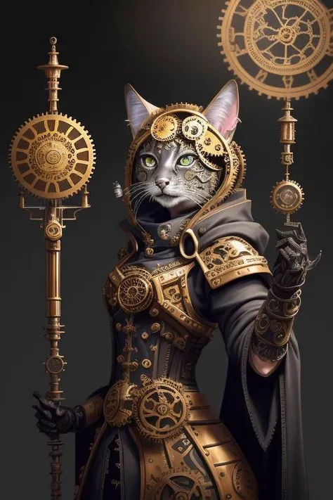 Clockwork construct of Tabaxi with face made up of intricate clockwork gears of intricate ever-changing geometric patterns, wearing arcane robes with time-related symbols, holding a crystalline time-warping staff, realistic render, Dungeons and Dragons, Fantasy, octane render, zbrush. Character design, photorealistic, unreal engine, hyper-detailed, concept art, trending on art station. ((best quality)), ((masterpiece)), ((realistic)), (detailed), close up portrait, Clockwork construct of Tabaxi with face made up of intricate clockwork gears of intricate ever-changing geometric patterns, spiraling hourglass eyes, wearing arcane robes with time-related symbols, highly detailed Gears, holding a crystalline time-warping staff, looking at the viewer, Fantasy art, stunning gradient colors, no watermark signature, closed mouth, detailed background, high fantasy secret cloning lab, cloning vat chamber, dark and mysterious cloning vat chamber, closed mouth, insanely detailed, , ((masterpiece)), absurdres, HDR