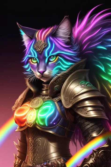 ((Female Glowing Rainbow furred Astral tabaxi person)), wearing leather armor infused with chaotic energies, realistic render, Dungeons and Dragons, Fantasy, octane render, zbrush. Character design, photorealistic, unreal engine, hyper-detailed, concept art, trending on art station. ((best quality)), ((masterpiece)), ((realistic)), (detailed), close up portrait, Female Glowing Rainbow furred cat tabaxi person, galaxy eyes, wearing leather armor infused with chaotic energies, ((highly detailed Glowing Glowing Rainbow fur)), looking at the viewer, Fantasy art, stunning gradient colors, no watermark signature, closed mouth, , ((masterpiece)), absurdres, HDR