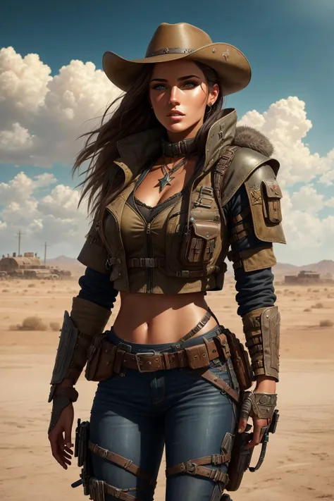 Create a cinematic, filmic image ((best quality)), ((masterpiece)), ((realistic)) of [post nuclear town] in [fallout style], with [detailed linework], [dynamic shading], and [rich colors]. Show [young caucasian woman] [Desert Ranger] named [AnjelikaV2:1.5] and her [full body], with [expressive facial features] and [fluid body movements], and close attention paid to [costume design] and [background details]. The art style should capture the [post-apocalyptic setting] of the image.
Create an [ultra-realistic], [high-resolution] image of [soldier] [mercenary] [exploring] [american] [desolated city] before the [storm], with the [hot summer sun] still shining brightly in the sky, but in the distance, the sky is a [dark and foreboding shade of blue], hinting at an impending storm. [Tumbleweeds] rolling in the distance.
Her face is covered in [dust] with windswept hair cascading [loosely]. Her eyes with [black eyeliner] and [smokey eye shadow] have long, full eyelashes that add to her feminine charm. She wears a [bandolier], [uzipped] [rugged black leather armor] showing her [cleavage] and [tactical vest:1.2], [old jeans] accentuating her [slim body] and [black wide-brimmed cowboy hat] with metal [texas ranger star], [knee pads] and [short leather boots] that provide both style and function and [holding weapon], [holding gun], [assault rifle:1.2].
Aim for a [photorealistic] portrayal that captures the [essence] of her character, with [intricate details] that capture every nuance of her form. The overall mood of the image should be [post nuclear], [post-apocalyptic], with a sense of [melancholy], [loneliness], and [desolation], showing the complete scene with her [full body]  > <lora:epTactical1:1.5 > <lora:postapocalypseAI:0.4>