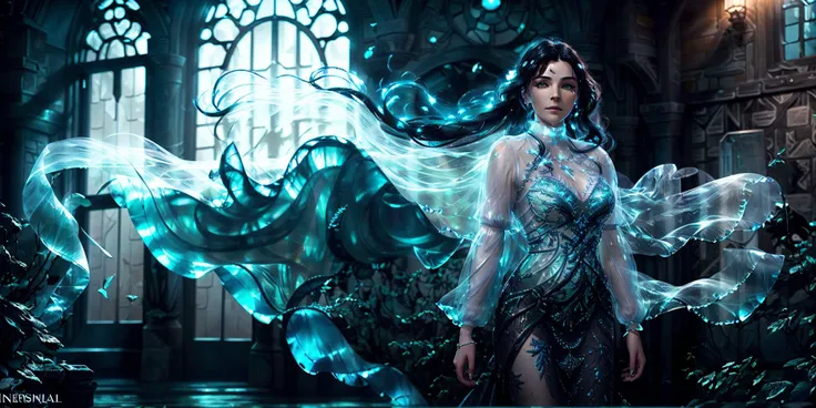 Aisling Bea, ((medium close shot)), ((Beautiful ghost woman in Style-Glass)), ((long flowing hair)), (translucent), ((transparent glowing blue)), ((ethereal)), ((glowing ghost)), (otherworldly), (in medieval torn and ragged dress flowing), (barefoot), (floats in the air), (inside the corridors of an ancient detailed well appointed dark castle ballroom), (floating), (dark interior), particle effects, (dynamic pose), (good composition), (cloth simulation), (subtle lighting), (award winning), (breathtaking), (masterpiece), style-sylvamagic, sexy, hot, (one person only) <lora:Aisling-Bea-v10:0.7>