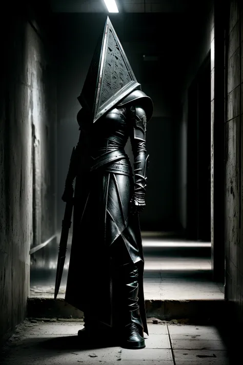 Create a haunting image of female Pyramid Head standing tall in a dimly lit, dilapidated hospital corridor, casting long, ominous shadows. The lighting should have a stark contrast between light and dark, emphasizing the details of Pyramid Head's grotesque appearance. Achieve a hyper-realistic quality with fine skin details and an emphasis on the textures of the character's iconic pyramid-shaped helmet. Aim for a cinematic feel, reminiscent of the works of Guillermo del Toro, David Lynch, and Clive Barker. Shot with a digital camera using a telephoto lens during the blue hour.
<lora:pyramid20head.4pIf:0.8>
