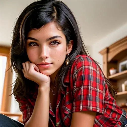 (Masterpiece Photo:) of (Happy) older nella wearing checkered red and black shirt and blue jeans staring at the viewer,(big brown eyes) ,(checkered red and black shirt), (blue jeans),Highly Detailed,(close portrait:1.3),(Feminine:1.4),(beautiful:1.4),(attractive:1.3),calendar pose,perfectly detailed eyes,studio lighting,thematic background, (high detailed skin:1.2), 8k uhd, dslr, soft lighting, high quality, film grain, Fujifilm XT3