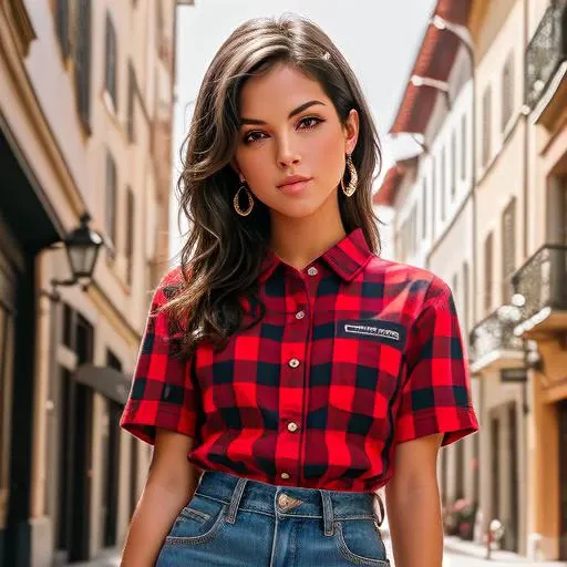 (Masterpiece Photo:) of (Happy) older nella wearing checkered red and black shirt and blue jeans staring at the viewer,(big brown eyes) ,(checkered red and black shirt), (blue jeans),Highly Detailed,(close portrait:1.3),(Feminine:1.4),(beautiful:1.4),(attractive:1.3),calendar pose,perfectly detailed eyes,studio lighting,thematic background, (high detailed skin:1.2), 8k uhd, dslr, soft lighting, high quality, film grain, Fujifilm XT3