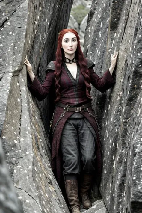game of thrones, Melisandre di Asshai (rock climbing:1.2), <lora:melisandreDiAsshaiGame_v10:0.7>