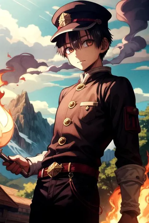 masterpiece, best quality, movie still, 1boy, solo, male focus, looking at viewer, , , , , <lora:hanako-kun:0.74>, hanako-kun, black hair, brown eyes, , , The Mountain of Fire,