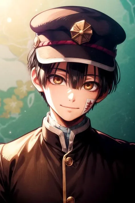 masterpiece, best quality, wallpaper, 1boy, solo, male focus, looking at viewer, upper body, , , realistic, <lora:hanako-kun:0.68>, hanako-kun, black hair, brown eyes, hat, , caps, science fiction alternate history, High resolution