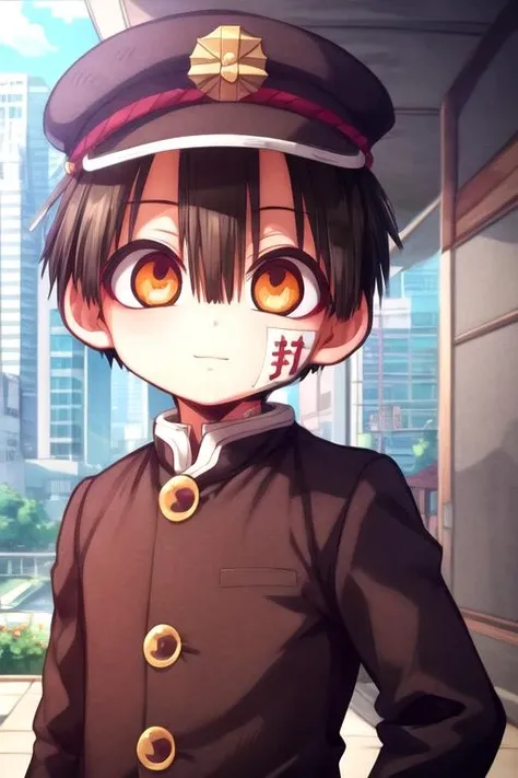 masterpiece, best quality, game cg, 1boy, solo, male focus, looking at viewer, , depth of field, , , <lora:hanako-kun:0.74>, hanako-kun, black hair, brown eyes, , , skyscraper,