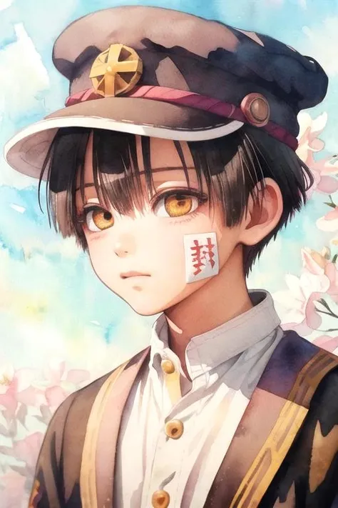 masterpiece, best quality, photorealistic, 1boy, solo, male focus, looking at viewer, upper body, depth of field, (watercolor illustration, soft pastel colors:1.1), , <lora:hanako-kun:0.66>, hanako-kun, black hair, brown eyes, hat, , , atompunk, HD