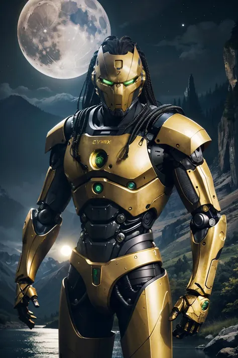 cyrax,robot,long hair, glowing green eyes, standing, river, mountain, night, moon, extreme detail, hdr, fantasy quality, <lora:Cyrax_v1:.5>