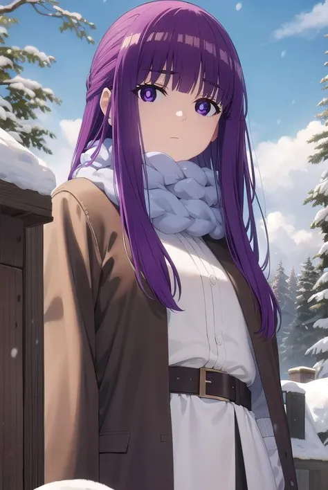 fern, <lora:fern s1-lora-nochekaiser:1>,
fern, long hair, bangs, (purple eyes:1.1), purple hair, sidelocks, blunt bangs, (bright pupils:1.5), half updo,
BREAK skirt, long sleeves, jacket, belt, scarf, coat, fur trim, black belt,
BREAK outdoor, sky, clouds, sun, forest, trees, snow, snowflakes,
BREAK looking at viewer, (cowboy shot:1.5),
BREAK <lyco:GoodHands-beta2:1>, (masterpiece:1.2), best quality, high resolution, unity 8k wallpaper, (illustration:0.8), (beautiful detailed eyes:1.6), extremely detailed face, perfect lighting, extremely detailed CG, (perfect hands, perfect anatomy),