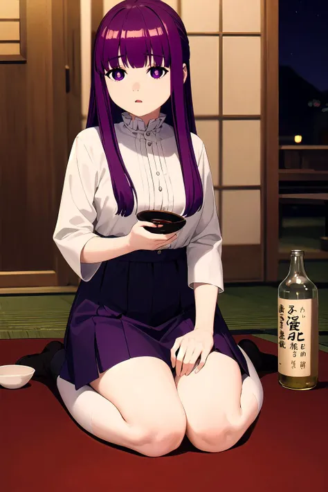 <lora:fern s1-lora-nochekaiser:1.2> fern, long hair, bangs, (purple eyes:1.1), purple hair, sidelocks, blunt bangs, (bright pupils:1.5), half updo ,tokyo, night, izakaya, inside, 1girl, solo, full body, drinking sake, sitting, (sake bottle), (sakazuki), ((drunk)),, <lora:GoodHands-vanilla:0.8>