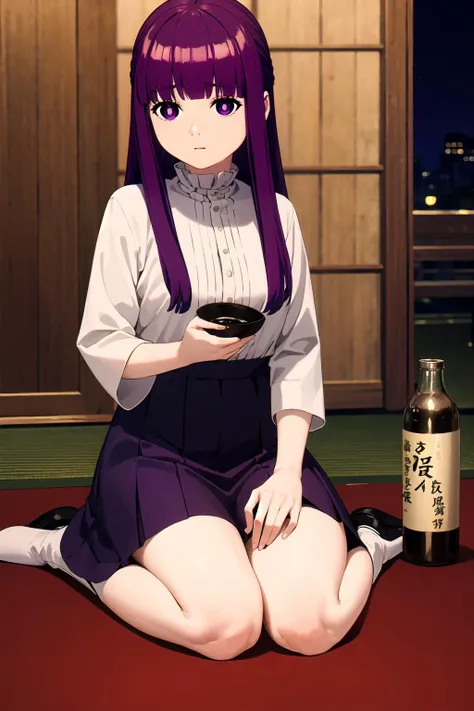 <lora:fern s1-lora-nochekaiser:1.2> fern, long hair, bangs, (purple eyes:1.1), purple hair, sidelocks, blunt bangs, (bright pupils:1.5), half updo ,tokyo, night, izakaya, inside, 1girl, solo, full body, drinking sake, sitting, (sake bottle), (sakazuki), ((drunk)),, <lora:GoodHands-vanilla:0.8>