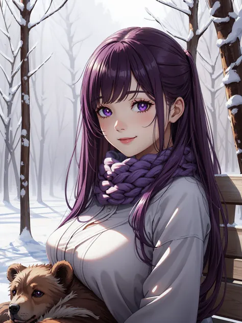 fern, long hair, purple hair, purple eyes,glowing eyes, scarf, bright pupils, coat, looking at viewer, happy,smile, large breasts, winter,forest,snowing, snowflakes, sitting on bench, (little bear on laps):1.4,from below,
<lora:fern s1-lora-nochekaiser:0.6>, (masterpiece, best quality, highres:1.2), (photorealistic:1.2), (intricate and beautiful:1.2), (detailed light:1.2), (soft lighting, side lighting, reflected light), (colorful, dynamic angle)