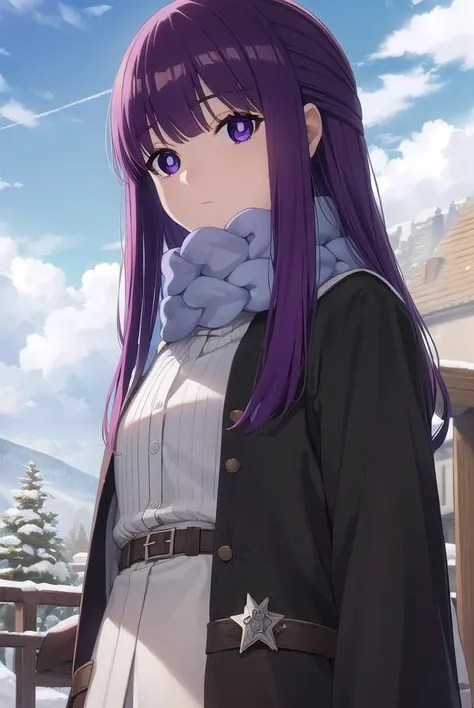 fern, <lora:fern s1-lora-nochekaiser:1>,
fern, long hair, bangs, (purple eyes:1.1), purple hair, sidelocks, blunt bangs, (bright pupils:1.5), half updo,
BREAK skirt, long sleeves, jacket, belt, scarf, coat, fur trim, black belt,
BREAK outdoor, sky, clouds, sun, forest, trees, snow, snowflakes,
BREAK looking at viewer, (cowboy shot:1.5),
BREAK <lyco:GoodHands-beta2:1>, (masterpiece:1.2), best quality, high resolution, unity 8k wallpaper, (illustration:0.8), (beautiful detailed eyes:1.6), extremely detailed face, perfect lighting, extremely detailed CG, (perfect hands, perfect anatomy),