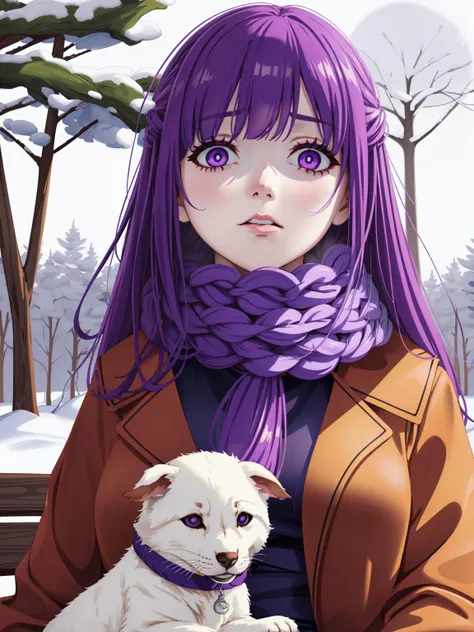 fern, long hair, purple hair, purple eyes,glowing eyes, scarf, bright pupils, coat,disgusted face, looking at viewer, shaded face, large breasts, winter,forest,snowing, snowflakes, sitting on bench, (puppy on laps):1.4,from below, 
 <lora:fern s1-lora-nochekaiser:0.6> <lora:disgusted:1>, (masterpiece, best quality, highres:1.2), (photorealistic:1.2), (intricate and beautiful:1.2), (detailed light:1.2), (soft lighting, side lighting, reflected light), (colorful, dynamic angle)