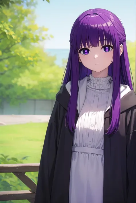 fern, <lora:fernv2-lora-nochekaiser:1>,
fern, long hair, bangs, (purple eyes:1.1), purple hair, sidelocks, blunt bangs, (bright pupils:1.5), half updo,
BREAK shirt, dress, jacket, white shirt, open clothes, hood, white dress, hood down,
BREAK outdoors, sky, nature,
BREAK looking at viewer, (cowboy shot:1.5),
BREAK <lyco:GoodHands-beta2:1>, (masterpiece:1.2), best quality, high resolution, unity 8k wallpaper, (illustration:0.8), (beautiful detailed eyes:1.6), extremely detailed face, perfect lighting, extremely detailed CG, (perfect hands, perfect anatomy),