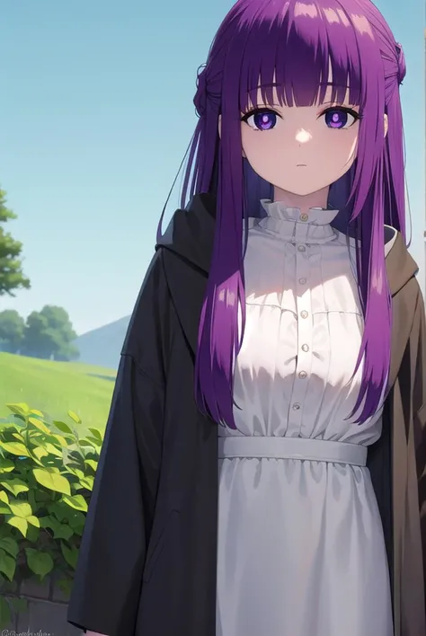 fern, <lora:fernv2-lora-nochekaiser:1>,
fern, long hair, bangs, (purple eyes:1.1), purple hair, sidelocks, blunt bangs, (bright pupils:1.5), half updo,
BREAK shirt, dress, jacket, white shirt, open clothes, hood, white dress, hood down,
BREAK outdoors, sky, nature,
BREAK looking at viewer, (cowboy shot:1.5),
BREAK <lyco:GoodHands-beta2:1>, (masterpiece:1.2), best quality, high resolution, unity 8k wallpaper, (illustration:0.8), (beautiful detailed eyes:1.6), extremely detailed face, perfect lighting, extremely detailed CG, (perfect hands, perfect anatomy),