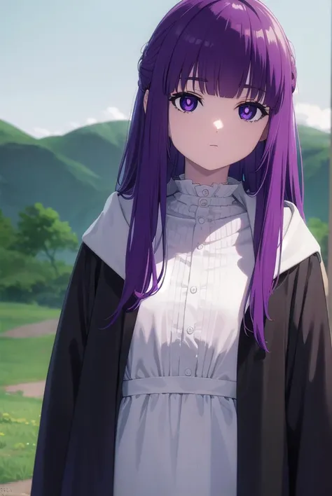 fern, <lora:fernv2-lora-nochekaiser:1>,
fern, long hair, bangs, (purple eyes:1.1), purple hair, sidelocks, blunt bangs, bright pupils, half updo,
BREAK shirt, dress, jacket, white shirt, open clothes, hood, white dress, hood down,
BREAK outdoors, sky, nature,
BREAK looking at viewer, (cowboy shot:1.5),
BREAK <lyco:GoodHands-beta2:1>, (masterpiece:1.2), best quality, high resolution, unity 8k wallpaper, (illustration:0.8), (beautiful detailed eyes:1.6), extremely detailed face, perfect lighting, extremely detailed CG, (perfect hands, perfect anatomy),