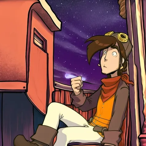<lora:Deponia:0.9> 1boy, Rufus, sitting, hat