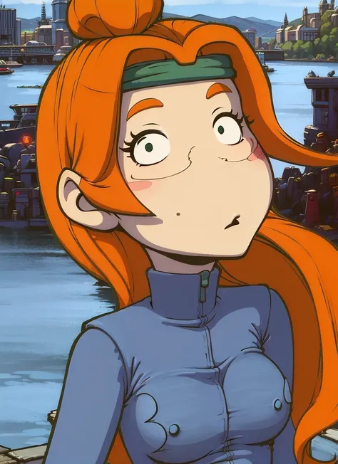 4k, fine detail, ultra high resolution, detailed face, delicate eyes, gradient eyes, gradient hair, light tracing, 1girl, wearing tangzhuang, torn clothes, sexy, [cameltoe:0.5],  at (Montreal, Canada:1.2), sunny day, <lora:st_deponia_v1:0.9> goal, deponia, eyes on me