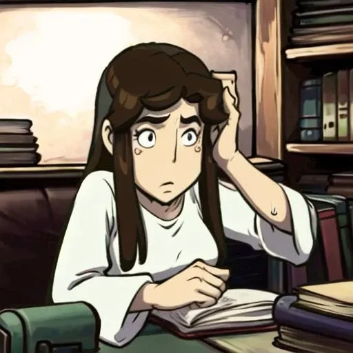 masterpiece, best quality, sweat,sadako_yamamura, <lora:Sadakobest:0.5>, <lora:deponia_v1:0.8>,deponia, at the library, white robe, eyes,