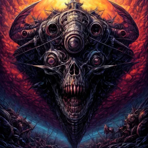 ((best quality)), ((masterpiece)), (detailed), a huge, creepy plane flies across the cloudless sky, (fantastic horror perfect art, 64k ultra hd:1.1), (art by apterus, art by dan mumford, art by lovecraft:1.2