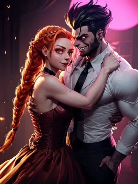 (masterpiece:1.2), best quality, (delightful anatomy:1.1), (gloomy illumination, insane, stunning, dramatic, completed artwork, HQ:1.1), (Apterus anatomy, Dan mumford style:1.2), 
ADDBASE (1lady, vampire, Copper fishtail braid , hair between eyes, amber glowing eyes, nose blush, black wedding dress), smile, standing, 
ADDCOL (1man, werewolf, Stocky body , Ombre Pompadour , Neon pink glowing eyes, black formal groom clothing), smile, sharp teeth, standing, hand on another's back <lora:princess_carry_v0.1:0.8>