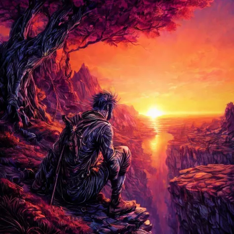 ((best quality)), ((masterpiece)), (detailed), the wanderer sits on the edge of a cliff with his back to the viewer, looking at the sunset, his staff leaning against a tree, (fantastic horror perfect art, 64k ultra hd:1.1), (art by apterus, art by dan mumford, art by lovecraft:1.2)